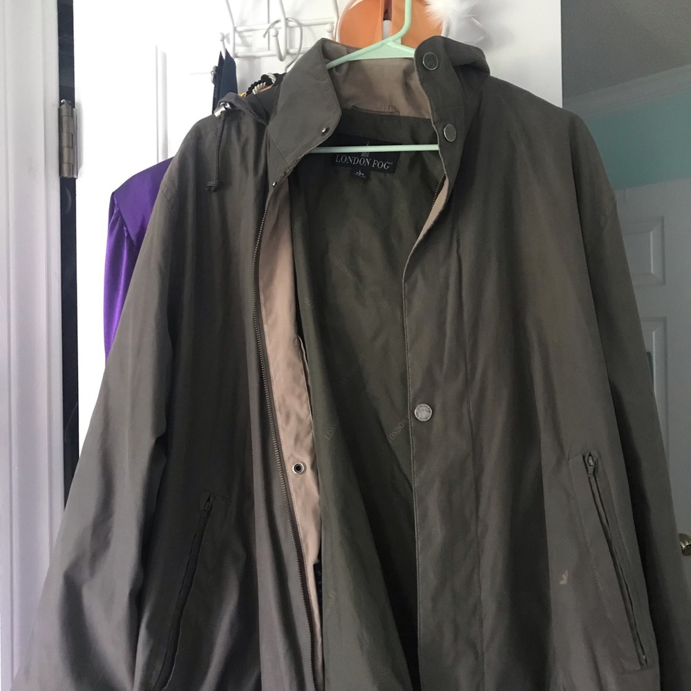 Dark grey London Fog rain jacket, size large.